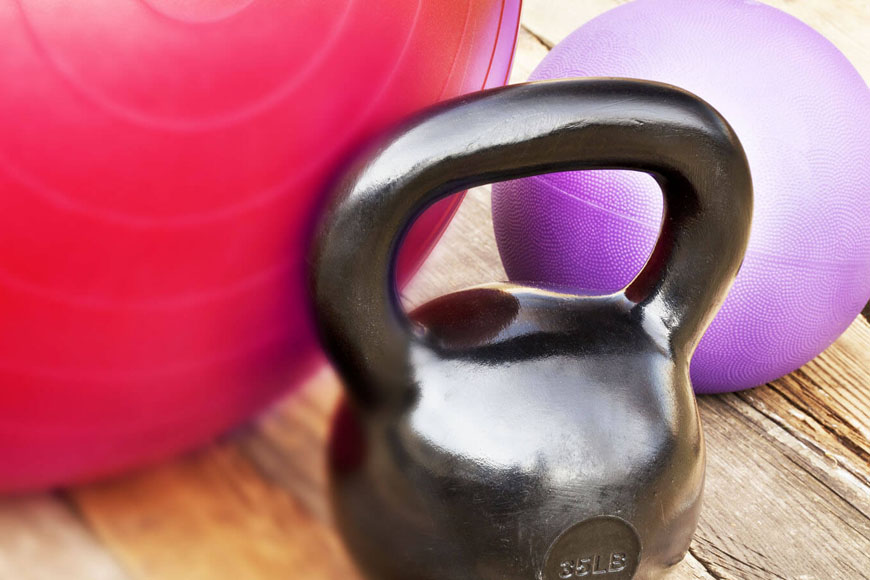 Kettle ball and yoga balls for physical therapy